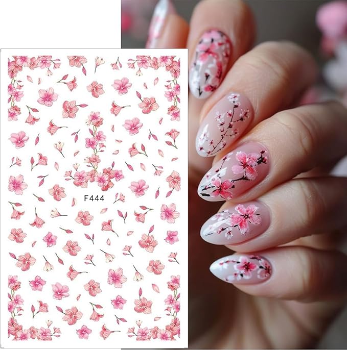 8Pcs Cherry Blossoms Nail Stickers 3D Self Adhesive Pink Flower Nail Art Stickers Spring Summer Peach Blossom Petals Leaves Nail Art Design Nail Decals Floral Nail Supplies for Acrylic Nail Decoration
