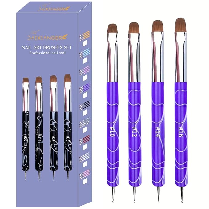 4Pcs French Tip Brush, Double-Ended French Brushes for Nails with Dotting Tool, Clean Up Brush for Gel Nail Polish, Size 10/12/14/16, Acrylic Nail Art Brushes, Manicure Tools for Nail Design-Lavender