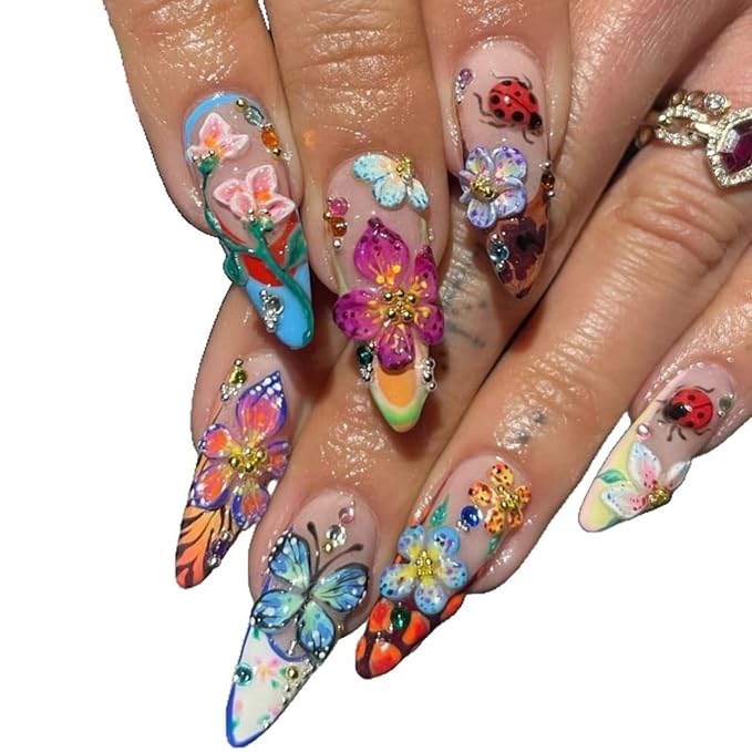 Long Press on Nails Almond Fake Nails French False Nails Flowers Artificial Nails with 3D Floral and Futterfly Designs Glossy Hanmade NailsColorful Stick on Nails for Women 24pcs