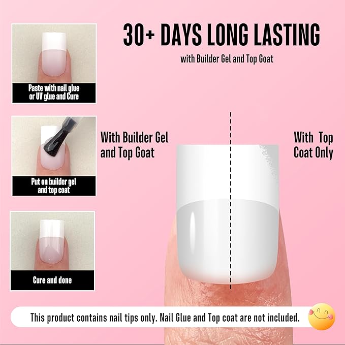 NOVO OVO Short Sharp Square Tip Nail Tips Press on Milky White, Thick Old School Wide White French NEED Builder Gel Top Coat Nail Glue, Soft Gel Full Cover Fake Nail Extension for DIY x 15 Size 240 pc