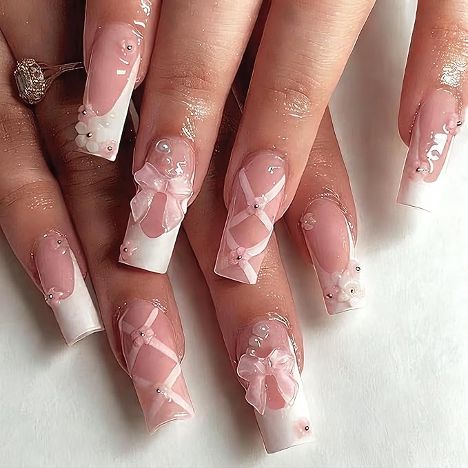 Press-on Nails,Long Rhinestone Pink False Nails, Square Glitter 3D Flower Fake Nails, Bowknot Artificial Nails The Noble Temperament of Women Girls' Fake Nails - 24 pieces (with Free Tool Kit)