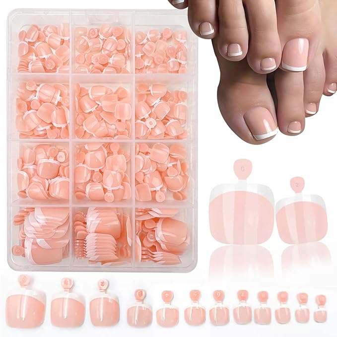 240pcs Press On Toenails Short Square Fake Toenails White French Tip False Toenails With Design Full Cover Acrylic Toenail Glossy Glue On Toe Nail for Women Manicure 12 packs