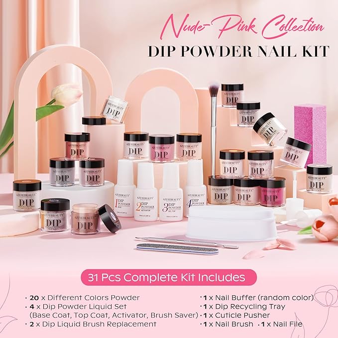 AZUREBEAUTY 31 Pcs Dip Powder Nail Kit Starter 20 Colors Clear Nude Pink Brown Glitter All Season Acrylic Dipping Powder Liquid Set with Top/Base Coat Activator for French Nail Art DIY Salon Gift