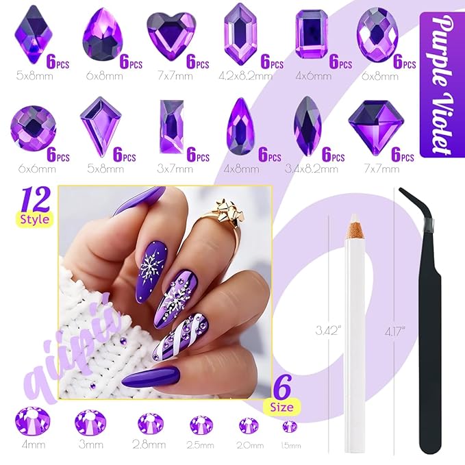 2052Pcs Purple Violet Nail Rhinestones Glass Dark Purple Rhinestones for Nails 72 Multi Shapes Big Gems +1980 Flatback Round Beads Crystals Diamonds Jewels Nail Art Charms for Faces Eyes Makeup
