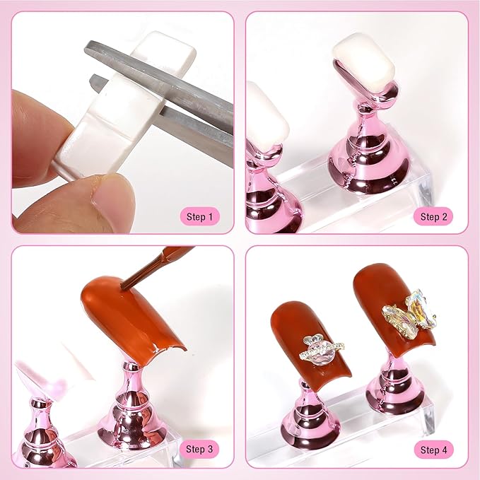 Nail Holder for Nail Art Practice, Nail Stands for False Nails Painting, 30 pcs of adhesive putty 1 Crystal Base 2 Sets Magnetic Acrylic (Metal Pink)