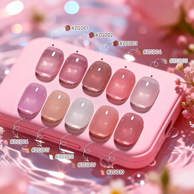 Jelly Nail Polish Set, 10 Color With 2Pcs Base and Top Coat Quick Dry High Gloss Shine Nail Polish Non Gel Translucent Milky White Nude Pink Color Holiday Gift Giving