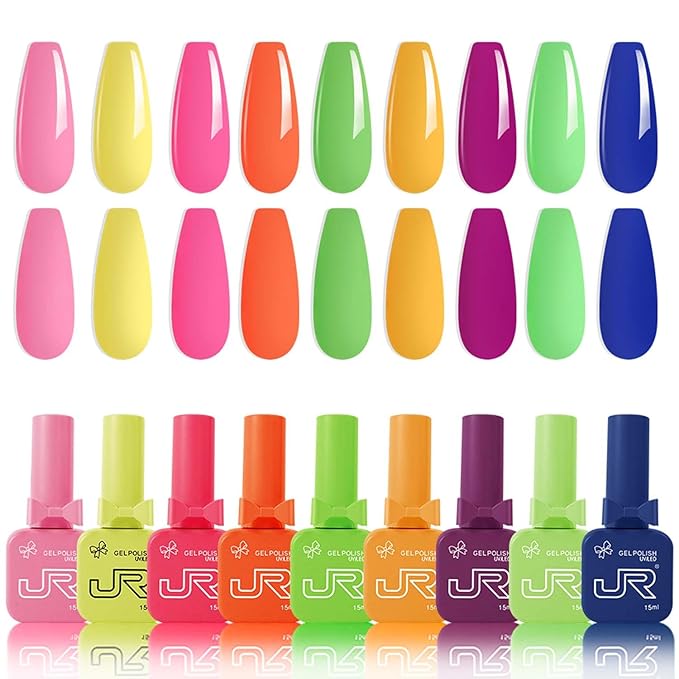 JR Nail Gel Polish Set 9pcs 15ml Bright Color Red Pink Blue Bowknot-Shaped Bottles Gel Polish Kit UV LED Soak Off Polish Home DIY Gift F