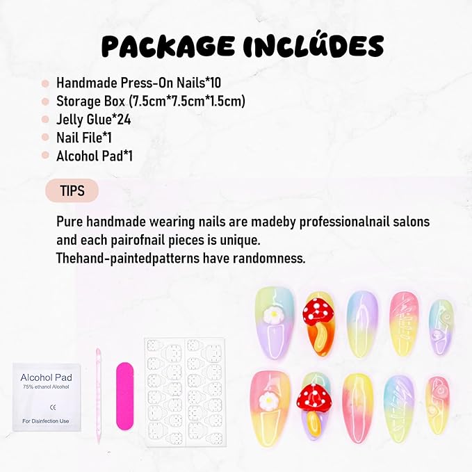 Handmade Press on Nails Almond False Nails Colorful Gradient False Nails with 3D Mushroom Daisy Designs Cute Medium Fake Nails Thick and Muti-Layer Gel Acrylic Nails for Women (Size M)