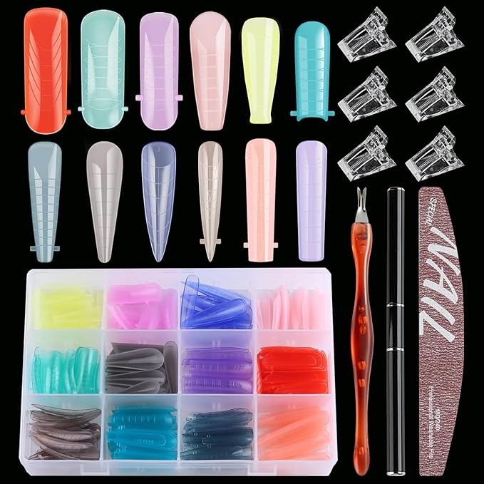 288Pcs Polygel Nail Form Kit 12 Color 12 Sizes Reusable Nail Extension Mold Dual Forms with 6Pcs Nail Clips, Dual-Head Brush Pen, Nail File & Cuticle Pusher for Beginners