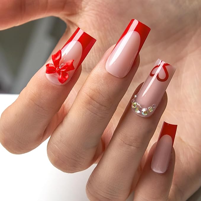 CurvLife Long Press On Nails Square – 30Pcs Soft Gel Ruby Gift Valentine's Day Fake Nails, Reusable Glue On Nail Kit with Adhesive Tabs, Natural Fit & Salon-Quality for Women & Girls