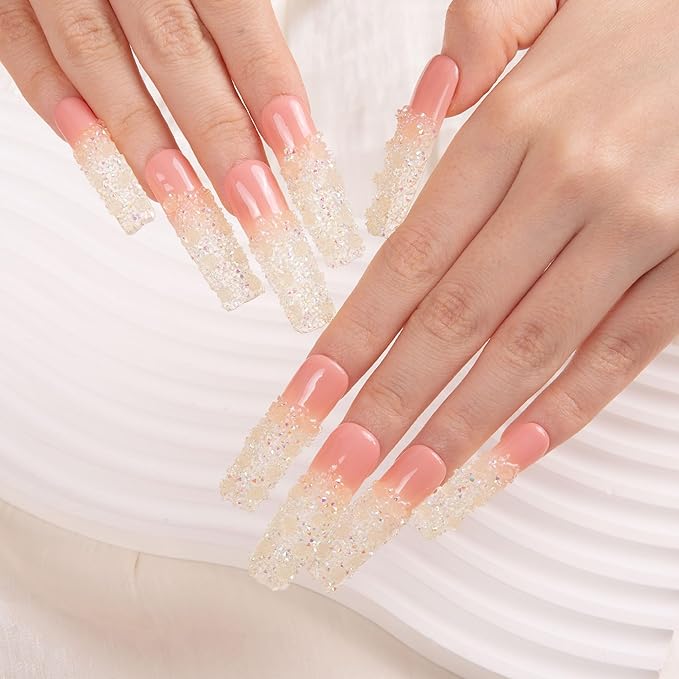 LOVFUL Press on Nails Amour Blanc| Handmade with Full Covered Crystals| Reusable Fake Nails| Square Mid length 1.7in| H205-S