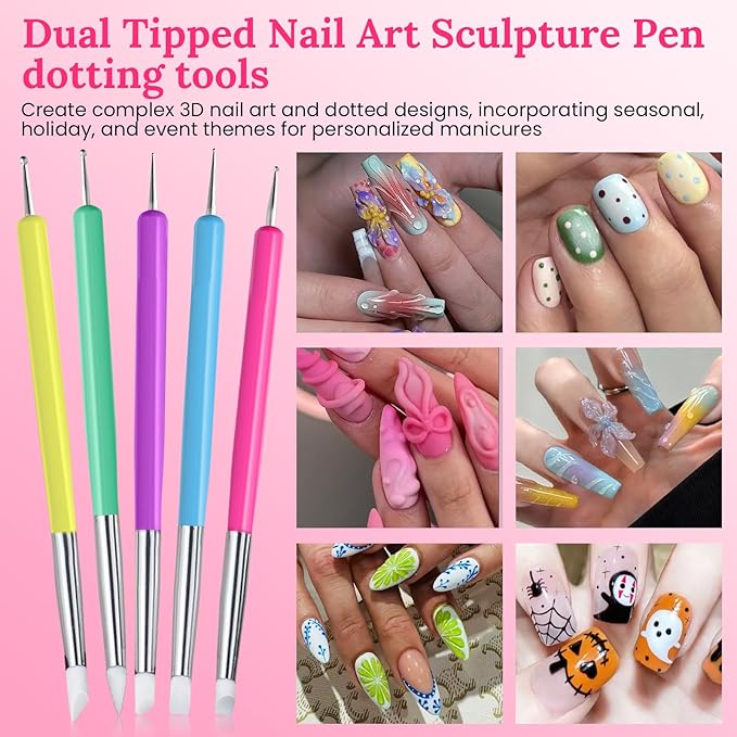 Nail Art Brushes Set with Brush Stand Nail Sculpture Pen Dotting Tools For Paint 3D Nails,Nail Design Brush for Acrylic Gel Dip Powder Nail Extensions,French Manicure,for Home Salon (Pink)