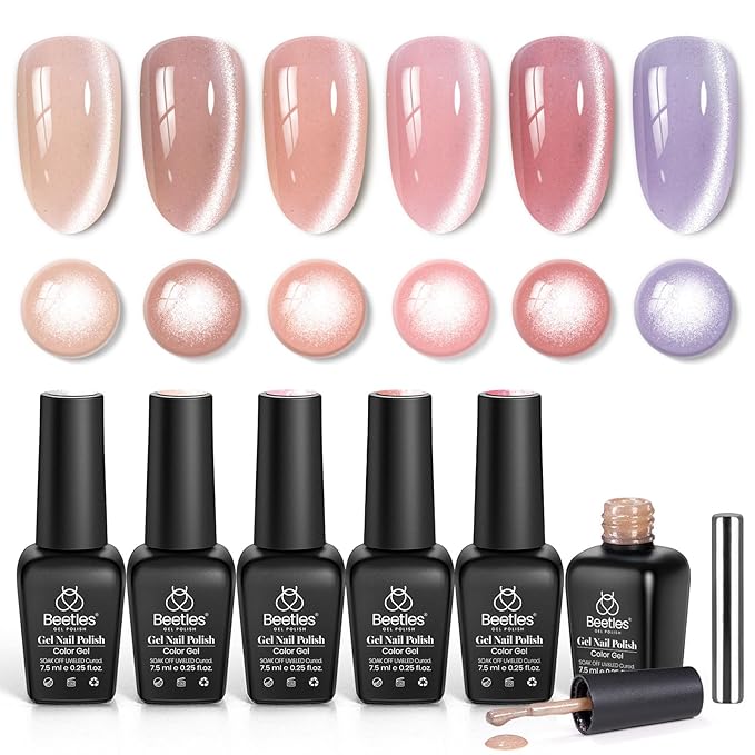 Beetles Gel Polish Soft Beam Cat Eye Gel Nail Polish Set - 6 Colors Nude Pink Brown Purple Glitter Gel Nail Kit Magnetic Shine Soak Off UV Winter Salon DIY Manicure Gift for Women