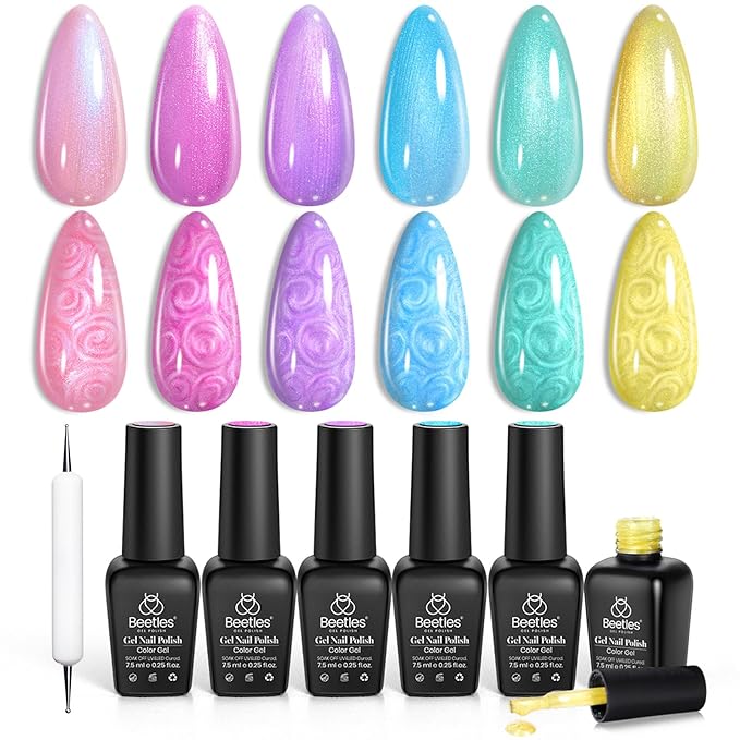 Beetles Pearl Gel Nail Polish Set - 6 Colors Easter Pink Yellow Green Purple Blue Iridescent Rainbow Shimmer Nail Polish Soak Off Uv Mermaid Gel Swirl Shell Thread Effect DIY Spring Gift for Women