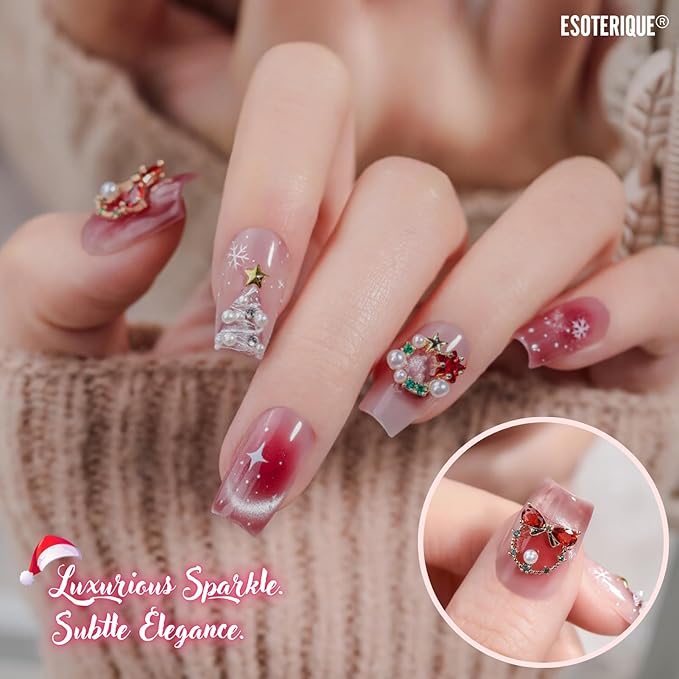 12PCS Christmas Nail Art Charms - Natural Zircon Gems with 3D Alloy Mix Shapes, Luxury Rhinestones & Crystal Diamonds for Shiny Winter Holiday Nail Decorations
