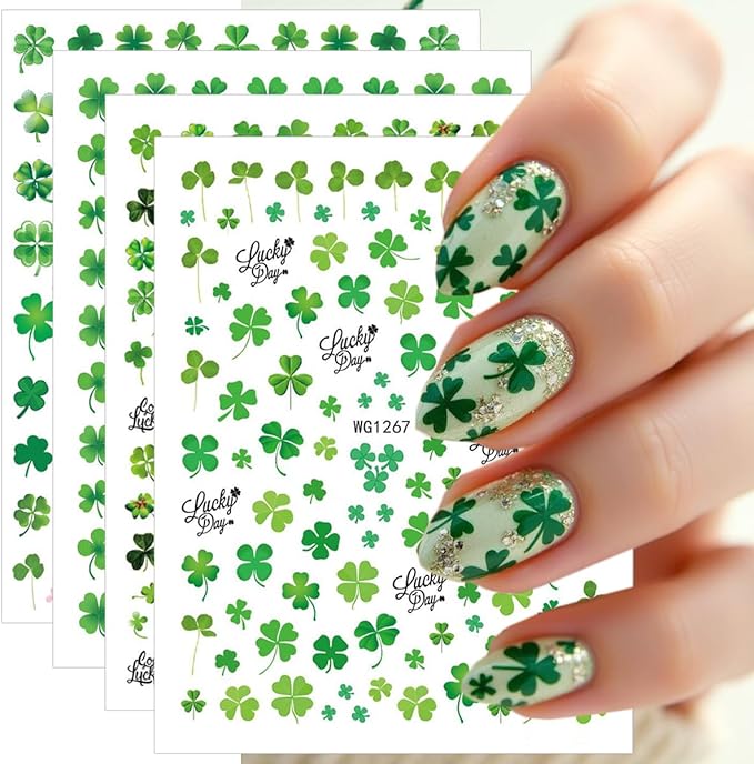 10 Sheets St. Patrick's Day Nail Art Stickers Green Shamrock Nail Stickers 3D Self-Adhesive Spring Nail Decals Four-Leaf Clover Rainbow Gnome Hat Designs Lucky of Irish Nail Decorations for Women DIY