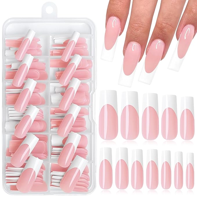 120PC White French Tip Press on Nails Long Fake Nails Press ons with 5*Adhesive Tabs, Pink Square Acrylic Nail Press on Nail French Tip Nails False Artificial Fingernails Stick on Nails-B
