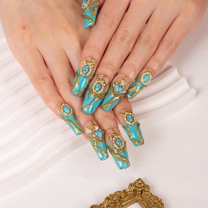 LOVFUL Press on Nails Turquoise Blue French Tip | Handmade with Full Covered Crystals | Reusable Full Cover Nails | Coffin Classic Regular 1.3 in | H122-S