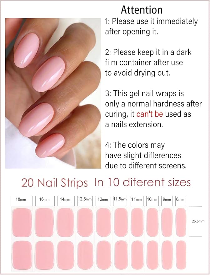 Semi Cured Gel Nail Strips, 20pcs Nude Pink Gel Nail Stickers UV for Home Nails DIY