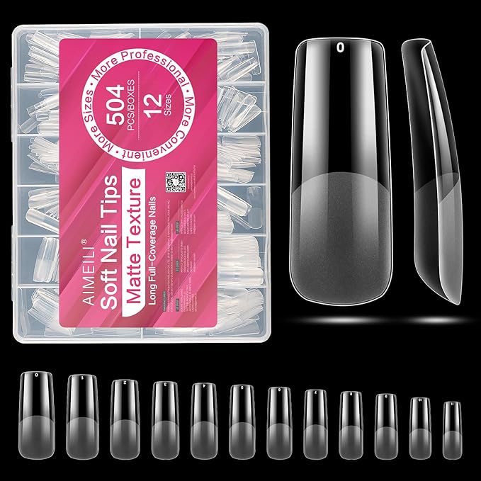 AIMEILI Long Square Nail Tips Soft Gel Tips 12 Sizes, 504Pcs Pre Shaped Half Matte Press On Nails False Nails for Nail DIY Art Nail Extensions Acrylic Nails