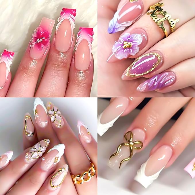 3D Gel Nail Art - 10g Sculpting Gel for Molding, Drawing, Charms & Beads Glue with Gold Chrome Nail Powder and 5D Flower Stickers for Nails Design Beginner