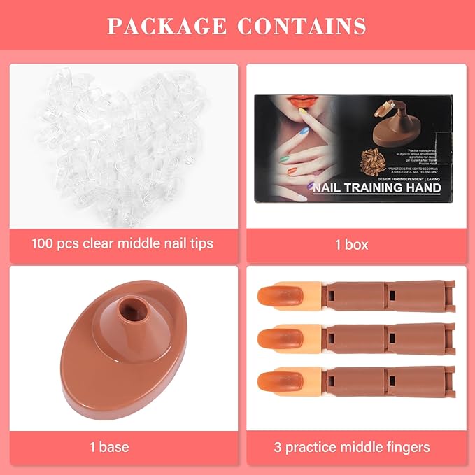 Practice Fingers for Acrylic Nails, Flexible Movable Fake Finger to Practice Fake Nails, 3PCS Adjustable Nail Finger Practice with 1PC Brown Acrylic Finger Base, 100PCS Clear Nail Tips With Box