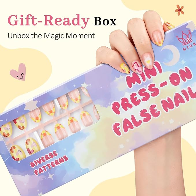 16 Sizes Press on Nails Kit for Kids - 32 Pieces French Almond Fake Nail Tips for Girls 8-12 Years Old with Jelly Nail Adhesives & No-Lamp Nail Glue, Birthday Easter Gifts (Happy Smile)