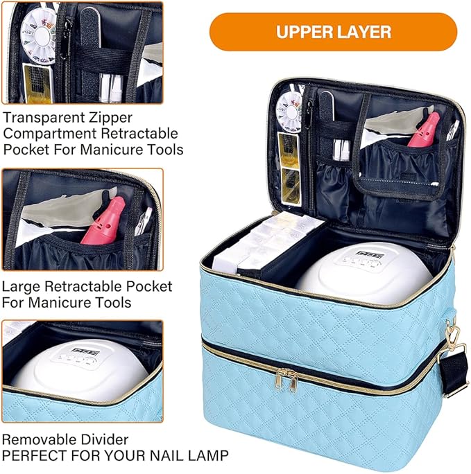 Nail Polish Organizer Case Holds 40 Bottles(15ml/0.5fl.oz) and Nail Lamp, Double Layer Nail Polish Storage with Adjustable Dividers,Portable Carrying Bag for Nail Kit, Manicure Tools Sky Blue