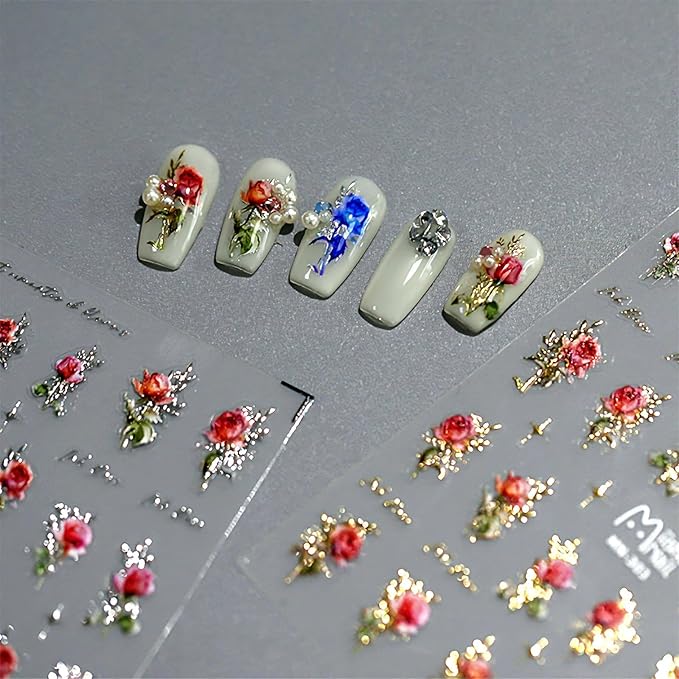 Dedyel Rose Nail Art Stickers 3D Floral Nail Decals Valentine Bridal Nail Art, Rose Design Self-Adhesive Nail Stickers for Women Girls DIY Nail Decoration