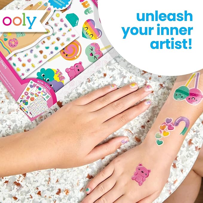 Ooly Set of 35 Unicorn & Rainbow Temporary Tattoos and 192 Nail Stickers for Kids, Non-Toxic, Safe Kids Tattoos, Party Favors, Goodie Bag Stuffers, Birthday Decorations for Girls Ages +3