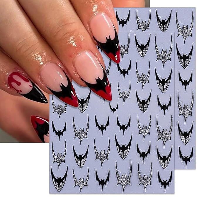 Halloween Bat Nail Stickers, Glitter Golden & Silver French Smile Bat Self-Adhesive Nail Art Decals for DIY Manicure (4 Sheets)