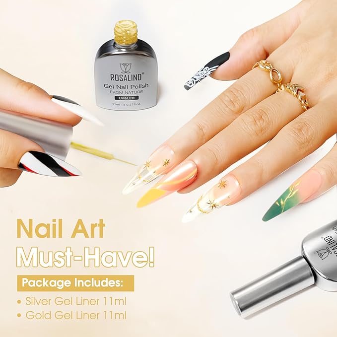 ROSALIND Metallic Nail Art Liner Gel Polish Set, 2pcs 11ml Silver Gold Gel Liner Nail Art Chrome 3D High-Gloss Effect for Nail Paint Design with Thin Brush DIY French Tips