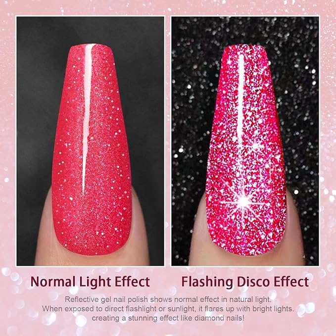 RARJSM Reflective Gel Nail Polish Hot Pink Glitter Gel Polish Neon Flash Diamond Sparkle Gelpolish Soak off UV Curing Requires 15ml Single Bottle for Salon Home Diy Nail Manicure