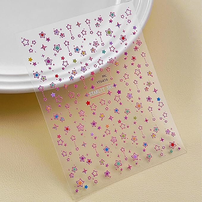 Star Nail Stickers for Nail Art 3D Glitter Cute Colorful Star Luxury Rhinestones Nail Design Stickers Starlight Nail Decals Nails Supply Manicure Sliders for Nails Decoration 4 Sheets
