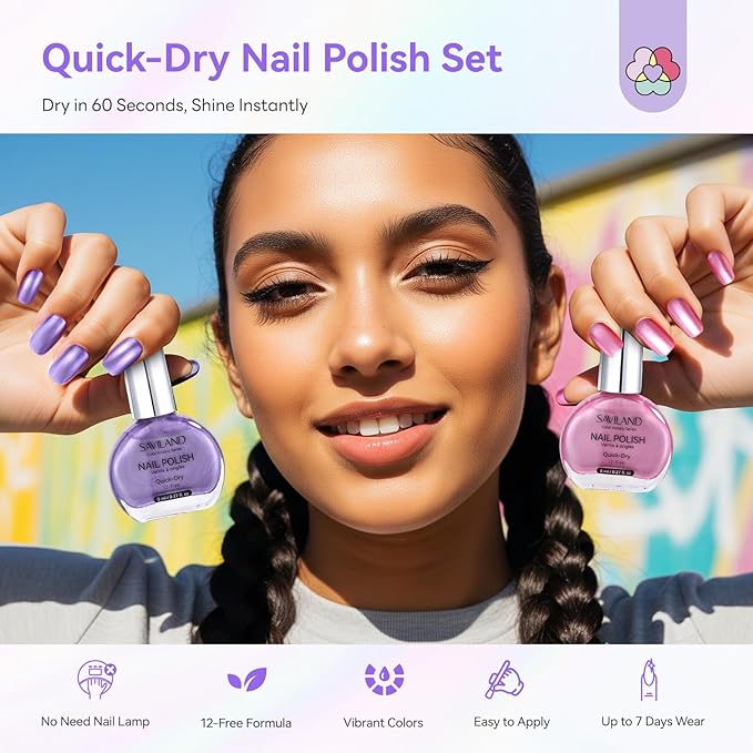 SAVILAND Quick Dry Nail Polish Set: 12 PCS Fingernail Polish 12-Free Metallic Nail Polish Colors Long Wear Nail Lacquer DIY Nail Art for Students Ladies Office Home Gift 8 ml