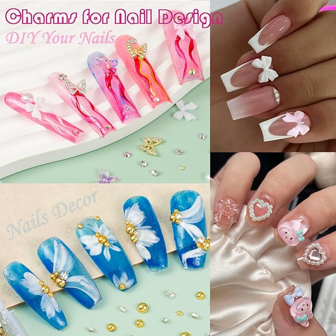 10000pcs Nail Charms and Gems:Pink Cute Bow Heart 3D Flower Charms for Junk Cases kit;Gold Chunky Butterfly Charms for Nails Design,nail jewels Diamond Rhinestones for Nails;Beads Pearls for Nails Art