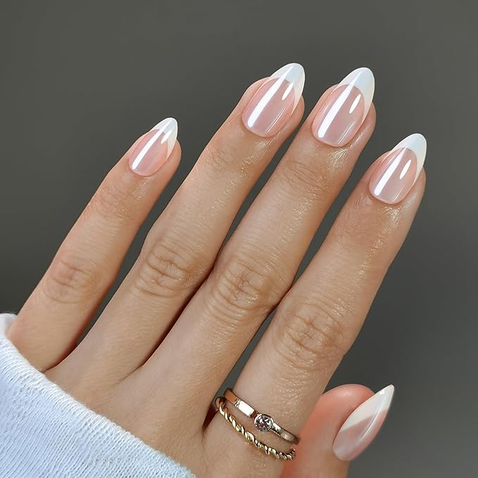 French Tip Press on Nails – French Toast | Medium Almond Shape with Glossy Glazed Finish | Salon Quality Fake Nails, 32 Nails(16 Sizes) Kit with Glue & Adhesive Tabs