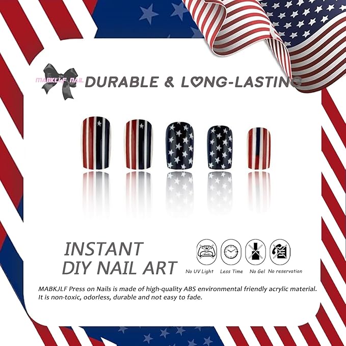 4th of July Press on Nails Medium Square MABKJLF Fake Nails False Nails with Stars Stripes Designs Full Cover Glossy Glue on Nails Blue Red White Acrylic Nails for Women Girls 24 Pcs