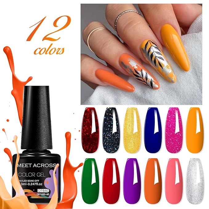 MEET ACROSS 12pcs Gel Nail Polish Set,Soak Off UV LED Lamp Gel Nail Polish Kit,Fashion Shimmer Nail Art Design Gifts for Women Manicure Salon (Autumn series)