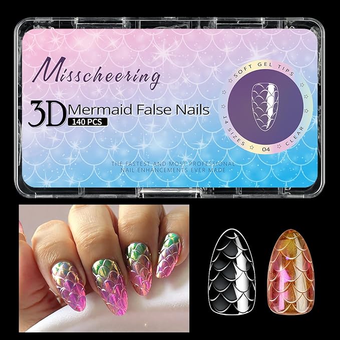 3D Diamond Shaped Polygel Nail, Extension Clear Full Cover False Nail Tips, Hybrid Gel Acrylic Nail, Diamond Fake Nails, 14 Sizes Building Artificial Press on Nail (Fish Scales 4, 140pcs)