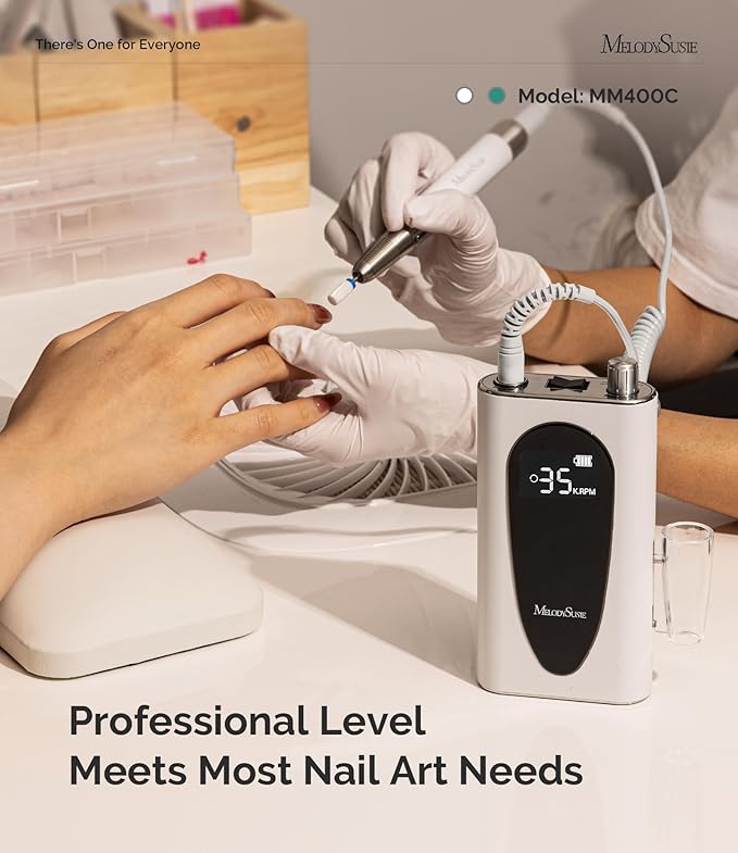 MelodySusie Professional Clip-On High-Efficiency Nail Drill, MM400C 35000RPM Rechargeable Electric File with Lightweight Handpiece for All Manicure Shaping, Polishing, Gel Removal & Salon Use
