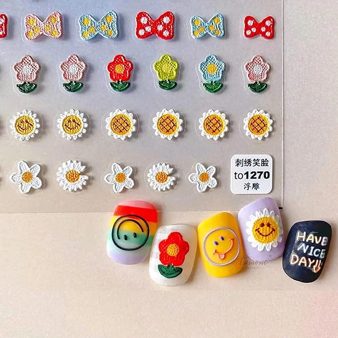 New Sunflower Nail Art Stickers Decals Candy Color Cartoon Sun Flower Colorful Flower Embroidery Self-Adhesive Nail Stickers Cute Nail Stickers Nail Art Decoration (3 Pieces)
