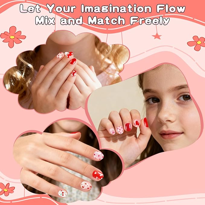 SIUSIO 3Pack Children Acrylic Fake Nails, 72pcs Press on Full Cover Glitter Short Red Heart False Nail Art Kits Set with Sticker Tabs Nail Glue for Kids Little Girls Christmas Gifts - Blossom Sweetie