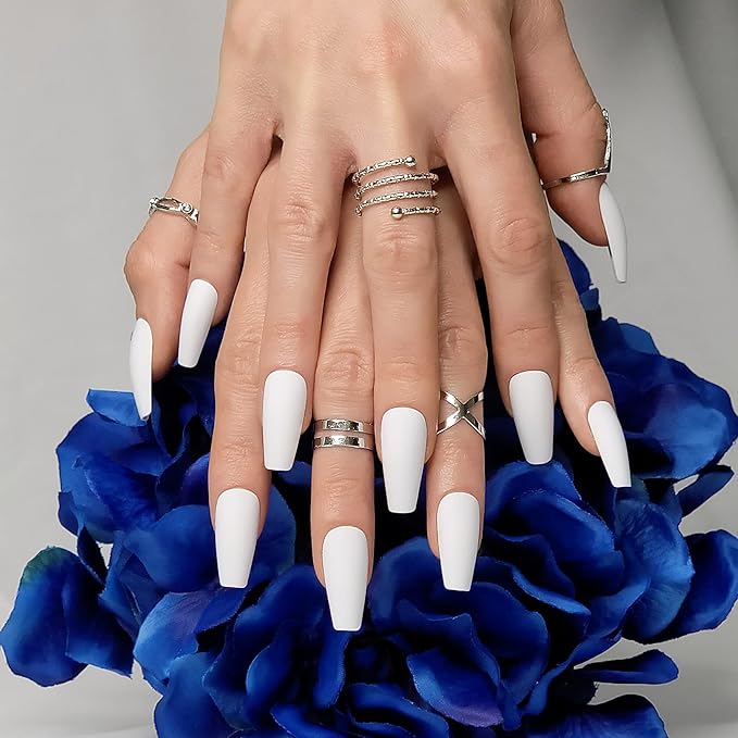 Hypnaughty 24 Pcs Santorini White Matte Luxury Coffin Press on Nails with Glue Medium Long Reusable & Customizable False Nails (Santorini)
