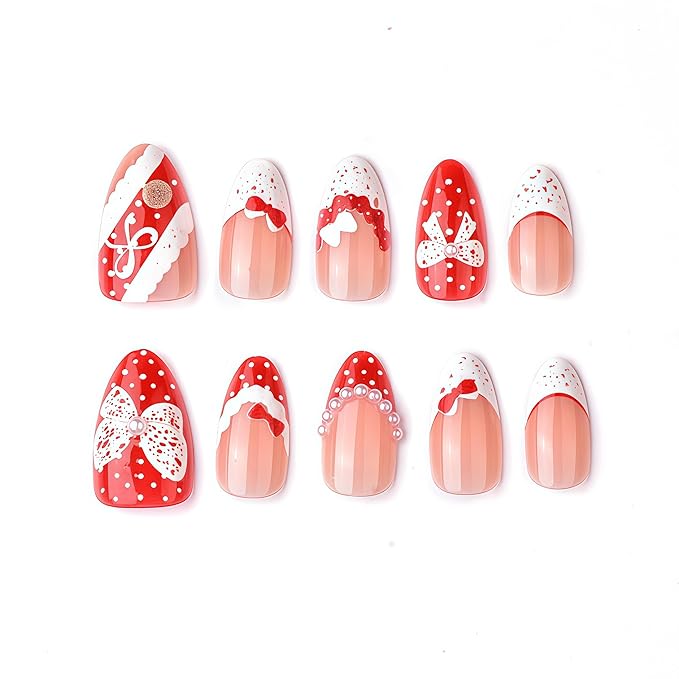 30Pcs Valentines Day Press on Nails Medium Almond Fake Nails with Pearl Lace Bow Design Glossy Polka Dots Red French Tips Glue on Nails Lace Butterfly Full Cover Stick on Nails Acrylic Nails for Women