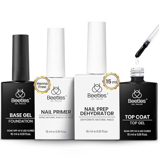 Beetles 4 Pcs 15ml Gel Top Coat and Base Coat Set with Nail Dehydrator and Primer, Professional Nail Prep Acid-Free and Hema-Free Dehydrate Bond Primer Set for Gel Nail Polish