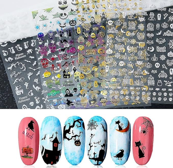 Impressed Nail Art Stickers for Halloween 12 Sheets, 1500+ Self-Adhesive DIY Customized Nail Decals for Halloween Party, Include Pumpkin/Bat/Ghost/Skeleton/Witch etc