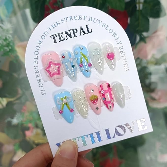Handmade Press On Nails Almond,Blue Pink Summer Nails,Checkered Glitter Fruit False Nails with Rhinestone Stars Holographic Designs,Soft Gel Sweet Cute Fake Nails for Girls,10pcs(L,Blue Pink)
