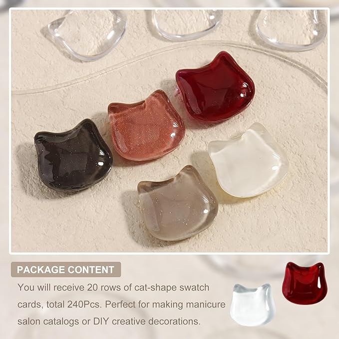 240Pcs Solid Cat Shape Nail Polish Swatches Display Cards Crystal Clear Glassy Nail Color Swatch Dots Chart Tips for Nail Salon Training Practicing Beginners Professionals