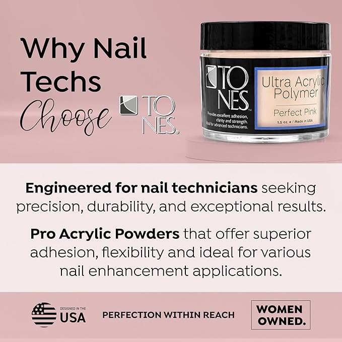 Tones Pro Acrylic Nail Powder, Perfect Pink (Soft Pastel Pink), (1.5 Fl Oz) - Long-Lasting & Non-Yellowing Polymer for Salon Quality Nail Extensions & 3D Art